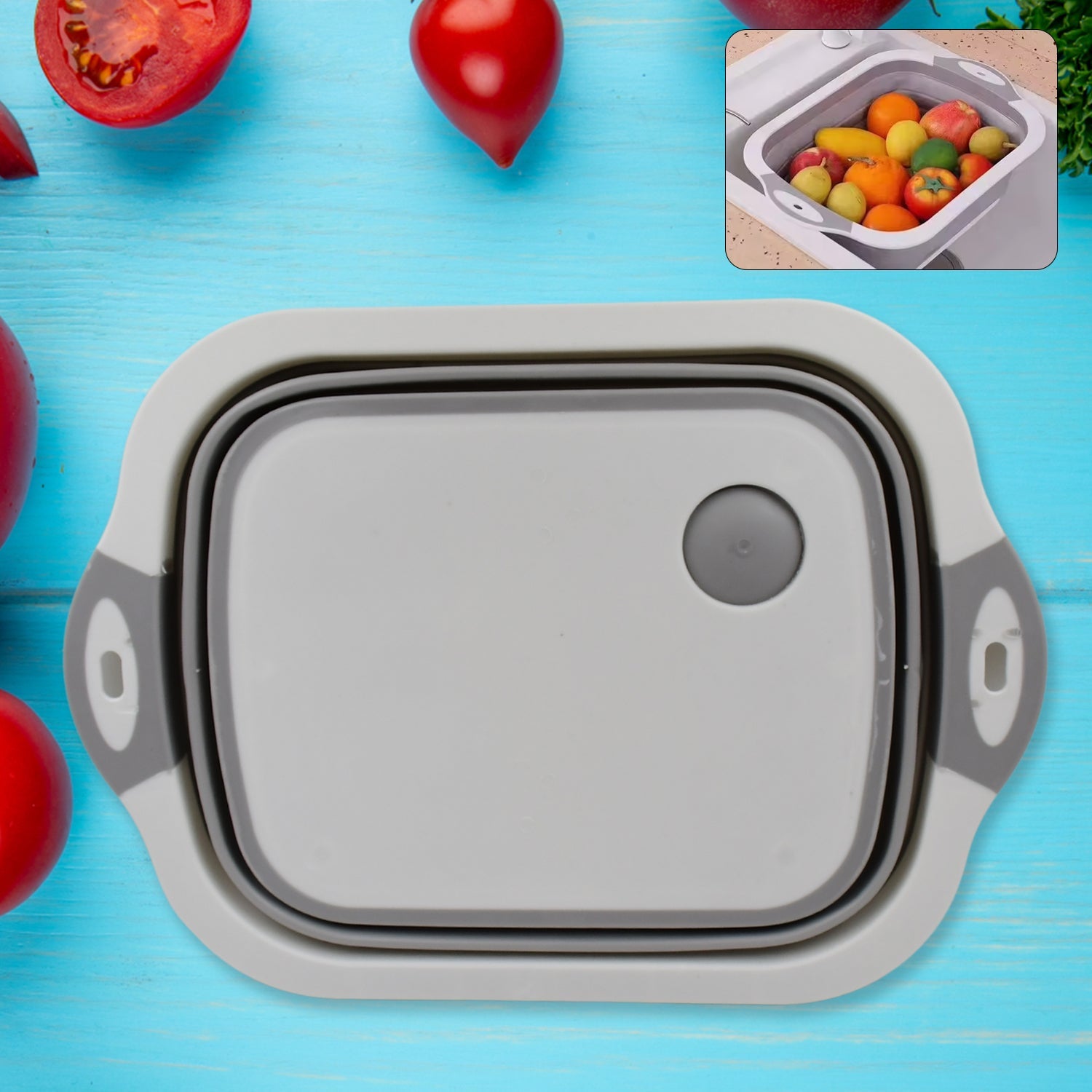 Collapsible cutting board with dish tub basket Collapsible cutting board with dish tub basket